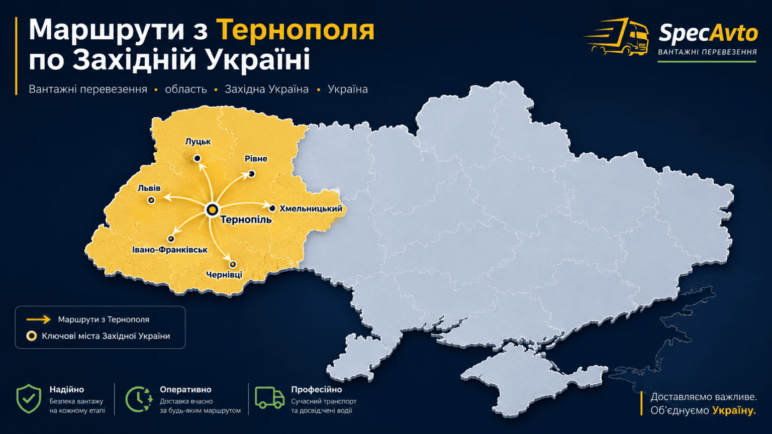 Карта маршрутів вантажних перевезень з Тернополя до Львова, Луцька, Рівного, Хмельницького, Івано-Франківська та Чернівців